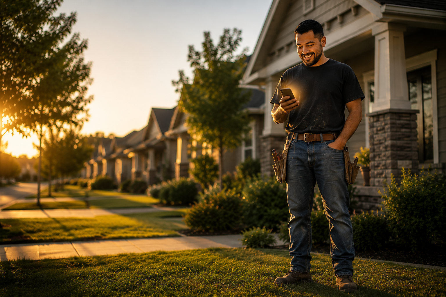 Contractor checking his phone and smiling after getting a new lead
